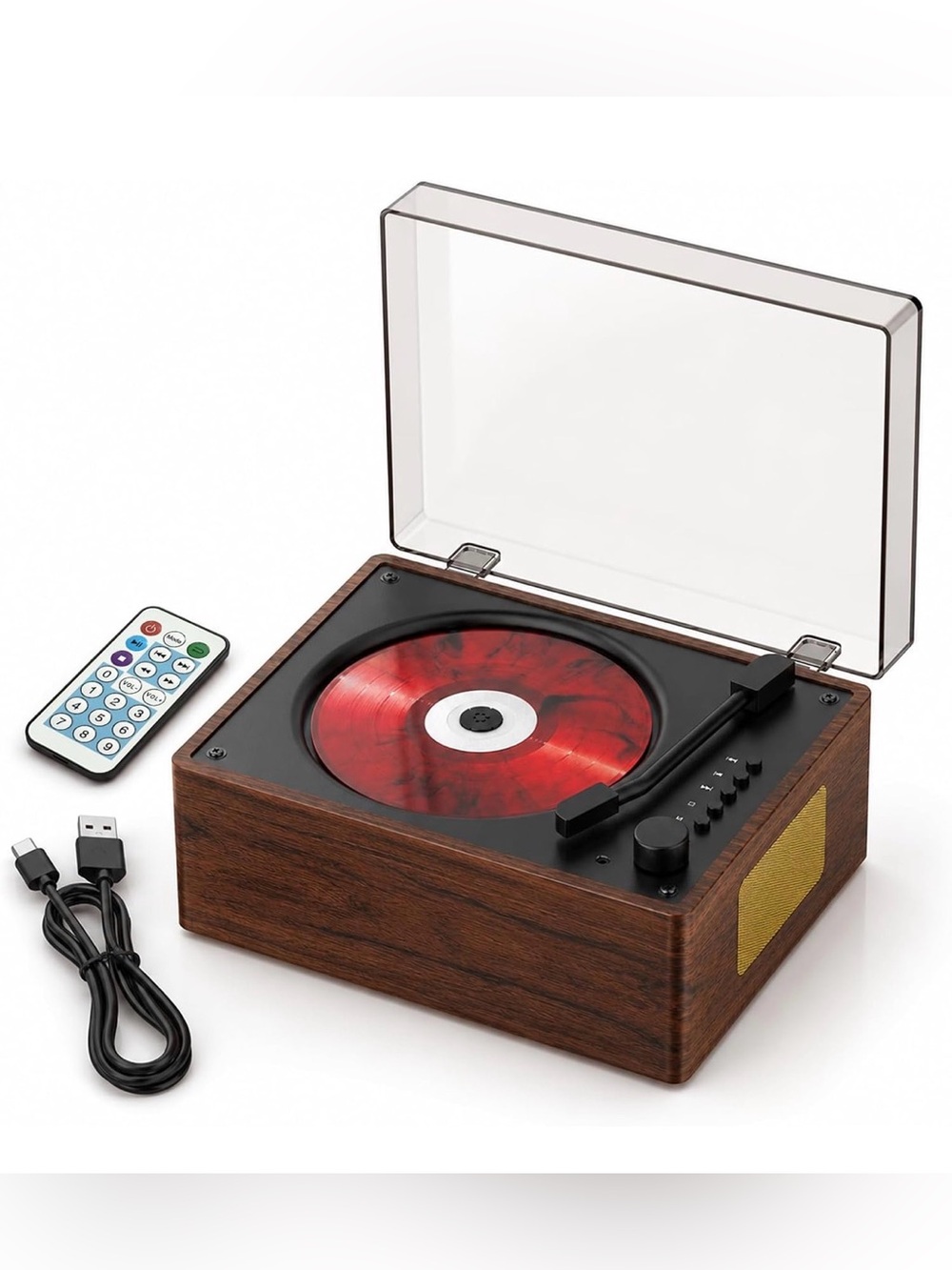 Portable Wooden CD Player with Bluetooth Turntable with Red Vinyl